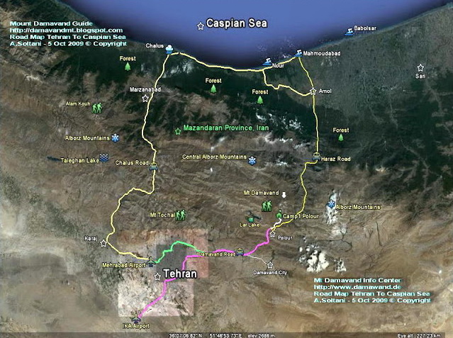 Road Map Tehran To Caspian Sea, Haraz and Chalus Roads