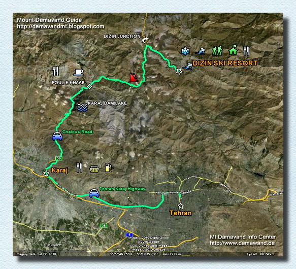 Tehran to Dizin Ski Resort Road Map