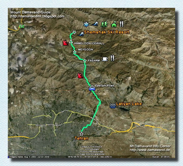 Tehran to Shemshak Ski Resort Road Map 