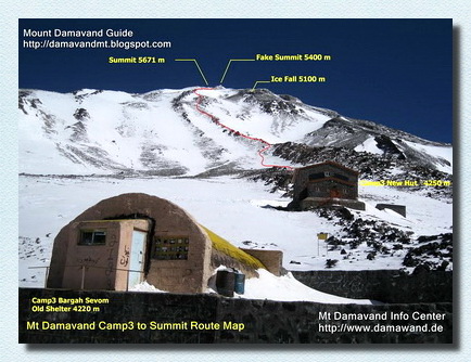 Mt Damavand Camp3 Shelter/New Hut to Summit Route Map