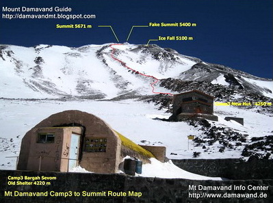 Damavand mountain trek map in summer season- south route trekking map Camp3 to Damavand peak in early June