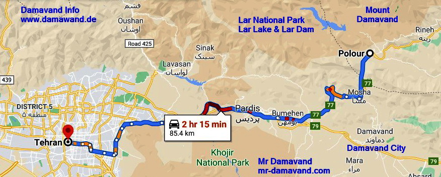 Tehran to Damavand Camp 1 Polour Resort Road Map
