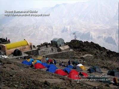 Damavand Iran, Damavand 3rd camp Bargah-Sevom in summer season, The old shelter/refuge (yellow) and tenting/camping place in the area, Photo A. Soltani