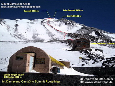 Mount Damavand, Iran, Damavand 3rd camp Bargah-Sevom, the old shelter/refuge and the new hut in one view , Photo A. Soltani