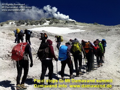 Final steps to Damavand summit. Damavand is an international climbing target and one of the world's popular peaks for hiking trekking and ski touring