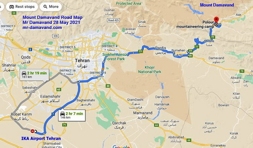 Road Map Tehran to Damavand Mountain, Iran