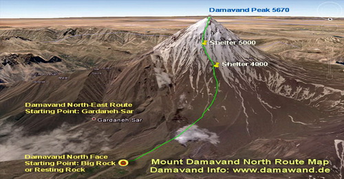 Climbing Mt. Damavand Iran - Damavand Mountain Northe Face Route Map