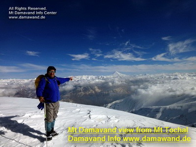 Climbing Damavand Mountain, Iran. Damavand winter view from Mt Tochal Peak. How To Climb Mount Damavand Iran. Information for climbing Damavand. Trek Damavand Iran