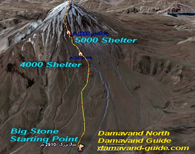 Mount Damavand north route hiking path, shelters and map
