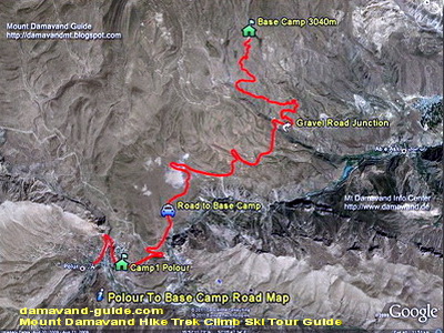Road map showing driving route to Damavand Base Camp on the South Route